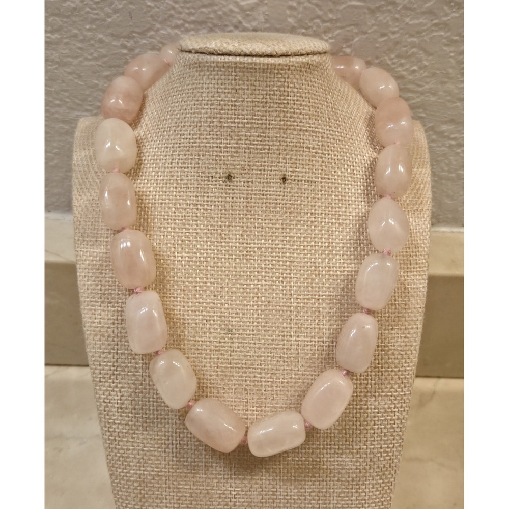 Chunky Rose Quarts Sterling Silver Hand Knotted Necklace Signed CJS 17-19"